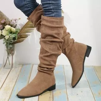New Style Popular Pleated Boot Women Faux Suede Flock Knee High Boots Winter Women Fashion Slip on Square Low Heel Knight Boots 35