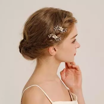 New style rhinestone pearl leaf hairpin high-end versatile bridal headwear U-shaped hairpin golden hairpin for women