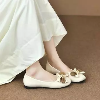 New Style Sweet Butterfly-knot Design Women Flat Solid Color Leather Woman Shoes Ladies Soft Sole Square Toe Slip-on Casual Shoe 35 чёрный