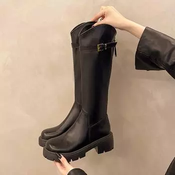 New Style Women Knee High Boots Fashion Knight Long Boots Square High Heels Autumn Winter Warm Short Plush Shoes Zapatos Mujer 35