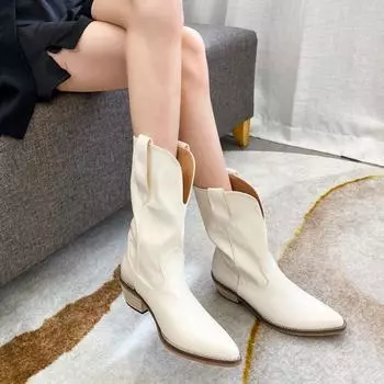 New Style Women s High Heels Mid Calf Pleated Boots for Women Winter Brown Leather Western Boot Woman Thick Heeled Cowgirl Boots 35 белый