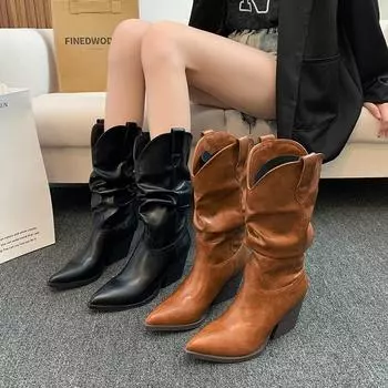 New Style Women s High Heels Mid Calf Pleated Boots for Women Winter Brown Leather Western Boot Woman Thick Heeled Cowgirl Boots 35 чёрный