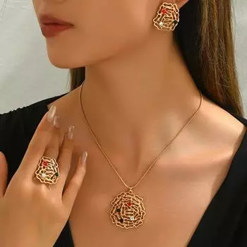 New style women s ring necklace set geometric inlaid colored diamond earrings versatile hollow jewelry women
