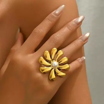 New style women s ring personalized opening inlaid pearl design flower ring versatile index finger ring