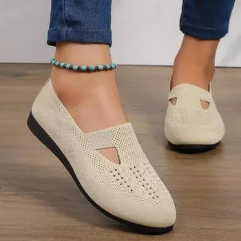 New Style Womens Fashion Round Toe Flat Non-Slip Womens Shoes Solid Color Mesh Shallow Mouth Slip-On Women Shoes Large Size 43 36 бежевый