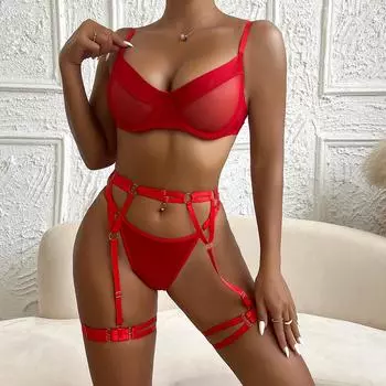 Новый костюм сексуальное сетчатое прозрачное нижнее белье сложный пояс для чулок набор из трех предметов женщины S