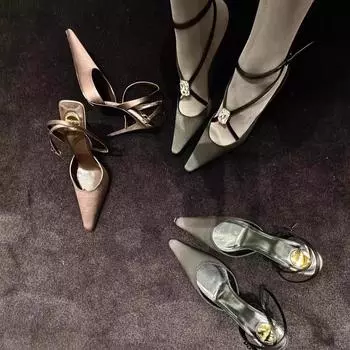 New summer 2025 small square toe shallow with rhinestone heels stiletto black satin sexy sandals 35 чёрный