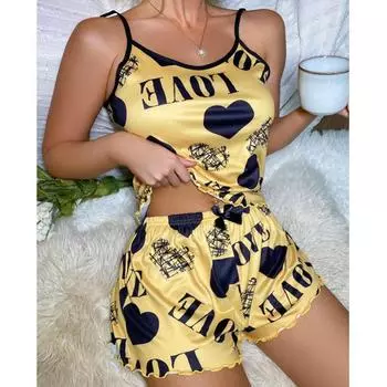 New summer beautiful back thin loungewear sexy suspender short skirt love cartoon cute print S серый