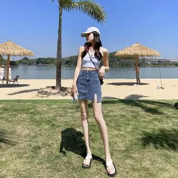 New Summer Blue Denim Short Skirt for Women with Tight Skin, Slim and Anti-exposure Short Skirt for Hip Slit XS