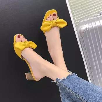 New Summer Bow Knot Ladies Slippers Women Shoes Square High Heels Outside Fashion Slides Casual Shoes Woman Sexy Slippers uik8 8 бежевый