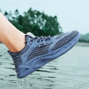 New summer breathable hollow mesh thick-soled wear-resistant fashion casual sneakers, river tracing shoes, foreign trade men s shoes 39 чёрный