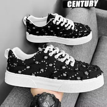 Новые летние парусиновые оранжевые кроссовки мужские модные повседневные городские мужские кроссовки с пайетками модные дышащие плоские мужские вулканизированные туфли 39 чёрный