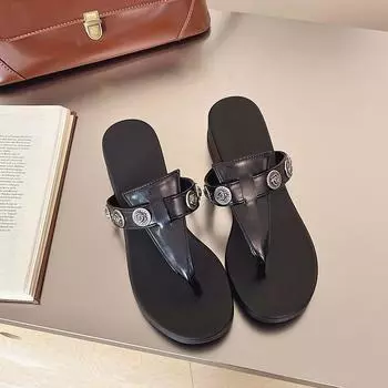 New summer casual outer wear flat slope heel beach retro rivet cross thin strap flip-flops 35