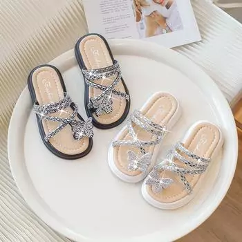 New Summer Children s Slippers Luxury Rhinestone Strap Girls Princess Causal Beach Slippers Fashion Butterfly Kids Flip Flops 26 чёрный