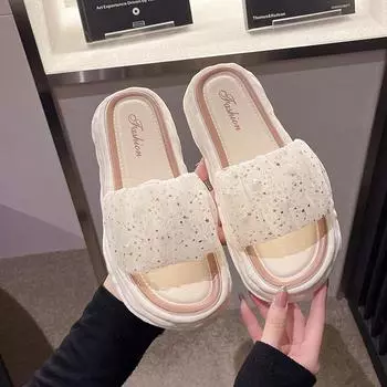 New Summer Fairy Style Women s Shoes Sweet and Versatile Wear Thick Bottom Lace Pearl Cool Slippers 36-37 чёрный