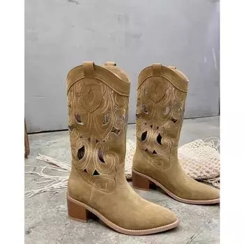 New summer flowers on the other side~ retro trend hollow embroidery breathable v-mouth western cowboy boots 34