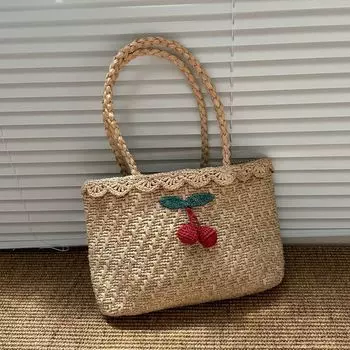 New Summer French style Wear Shoulder Bag Raffia Hand-Woven Cute Cherry Embroidered Handbag Handbag Women s Travel Nature is