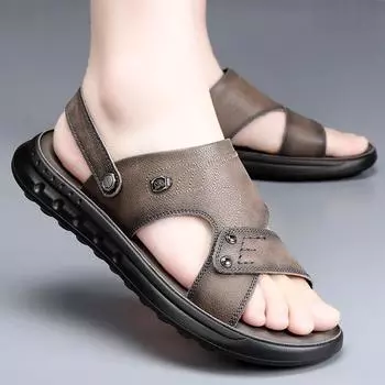New Summer Genuine Leather Men Sandals Black Khaki Outdoor Casual Sandals Cowhide Beach Shoes Two Uses Men s Sandals Slippers 38 чёрный