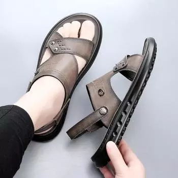 New Summer Genuine Leather Men Sandals Black Khaki Outdoor Casual Sandals Cowhide Beach Shoes Two Uses Men s Sandals Slippers 38 чёрный