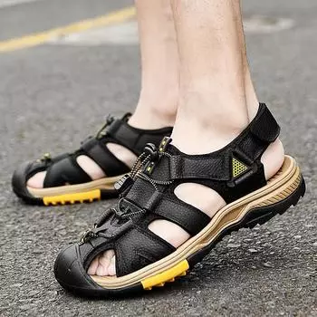 New Summer Genuine Leather Men Sandals Fashion Roman Sandals Handmade Men Casual Shoes Platform Outdoor Men s Beach Sandals 38 чёрный