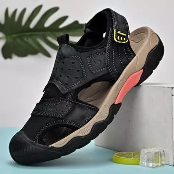 Новые летние мужские сандалии из натуральной кожи, модный дизайн, дышащая повседневная обувь, мужские сандалии для пляжа с мягкой подошвой, большой размер 46 38 чёрный