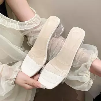 New Summer High Heels Women Shoes Fashion Transparent Heels Sexy Hollow Breathable Slippers Square Toe Female Clear Heels Slides 36
