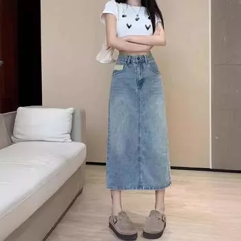 New Summer High-waisted A-line Denim Skirt for Women with Large Size Fat Mm Slim Mid-length Slit Hip-covered Skirt S