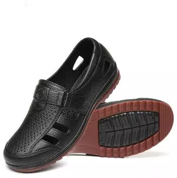 New Summer Hollow Out Mens Casual Sandals Breathable Soft Leather Mens Sandals Pu Rubber Cool Male Flat Sandals 7 чёрный