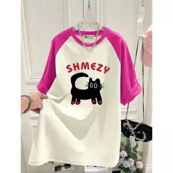 New Summer Korean Version Cartoon Cat Love Large Version Loose Contrasting Color Rag-sleeved Short-sleeved T-shirt for Women M