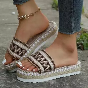 New Summer Ladies Slippers Outdoor Beach Sandals Bohemian Ethnic Style Handmade Espadrilles Platform Slippers Flip Flops Women 42