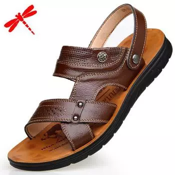 New summer men s beach shoes genuine leather middle-aged and elderly sandals men s cowhide outer slippers 38