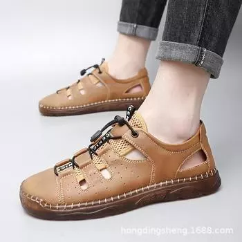 New summer men s leather sandals men s new trend outer wear bag head beach shoes handmade soft bottom hole Shoes 38 чёрный