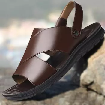 New summer men s non-slip cowhide outer wear 2025 summer soft-soled driving beach shoes cool slippers sandals men 38 чёрный