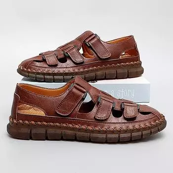 New Summer Men s Sandals High Quality Outdoor Beach Shoes 2024 Cowhide Non-slip Slippers for Men Sandals Designer Brand Mocassin 38 чёрный