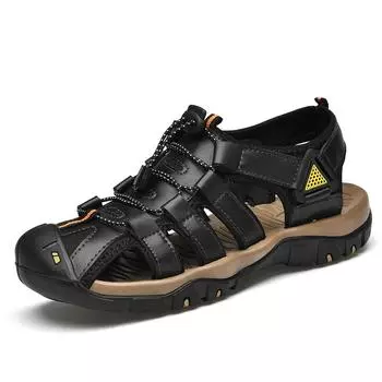 New Summer Men s Sandals Soft Leather Roman Outdoor Men Sandals Fashion Outdoor Beach Sneakers Slippers Men s Wading Sandals 38 чёрный