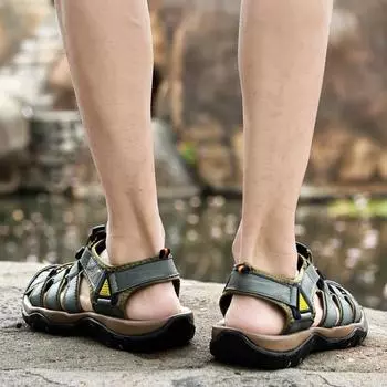 New Summer Men s Sandals Soft Leather Roman Outdoor Men Sandals Fashion Outdoor Beach Sneakers Slippers Men s Wading Sandals 38 чёрный