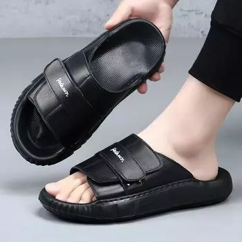 New summer men s slippers men s first layer cowhide outdoor one-word drag leather non-slip and wear-resistant outer platform sandals 38