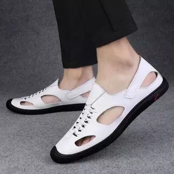 New Summer Men Sandals Breathable Leather Shoes Retro Outdoor Men Sandaly Antiskid Beach Hollow Shoes Versatile Summer Footwear 37 чёрный