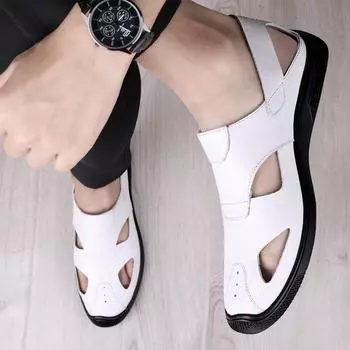Новые летние мужские сандалии для отдыха на пляже, дышащие мужские повседневные туфли, кожаные римские сандалии для мужчин, классные балетки с открытым носком 37 белый