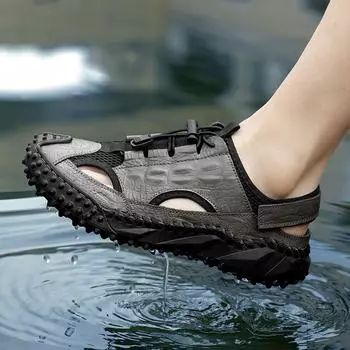 New Summer Men Shoes Brand Genuine Leather Hollowed Out Sandals Men s Mesh Breathable Men s Comfortable Wading Shoes Beach Shoes 38 коричневый