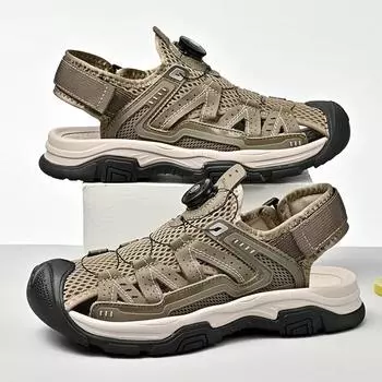 New Summer Mens Casual Shoes Genuine Leather Outdoor Breathable High Quality Sandals Fashion Walking Sport Shoe for Men Sneakers 38 хаки