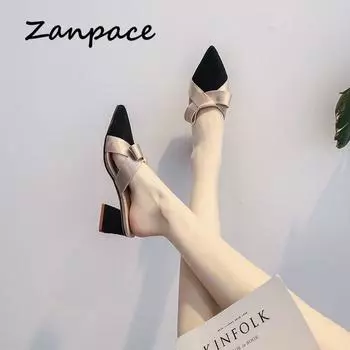 Новые летние современные тапочки женские 2024 года, остроконечные толстые каблуки, женская обувь, модные уличные сандалии, высокие каблуки, сексуальные черные шлепанцы для женщин 34 чёрный