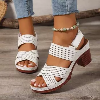 New Summer New Thick High Heel Sandals Women s Cross Band Fashion Beach Hook Loop Anti-Slip Platform 36