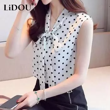 New Summer Office Lady Elegant Fashion Polka Dot Print Bow Lace Up Loose Chiffon Tank Top Shirt Sleeveless Casual Blouses S белый