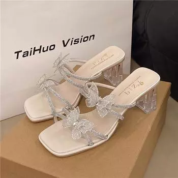 New summer outer wear with skirt silver transparent crystal thick heel high heel slippers women 35