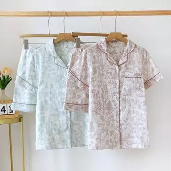 Новый летний пижамный комплект из 100% хлопковой марли с короткими рукавами, комплект из двух предметов, женская домашняя одежда с принтом, летняя тонкая пижама M