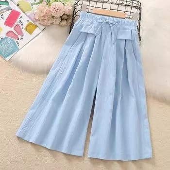 New Summer Pants for Girls Loose Wide Leg Pants Thin Seven Part Skirt Pants 110 небесно-голубой