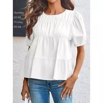 New Summer Puffed-sleeve Doll Shirt, Short-sleeved Loose and Casual A-line Pleated Stylish Top S белый