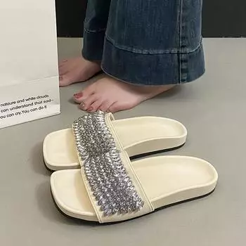 New summer rhinestone fashion outer wear casual open-toe one-word buckle sandals flat-soled cool slippers women 35