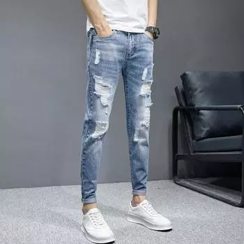 New Summer Ripped Jeans Men s Fashionable Slim Pinch Pants Men s Versatile Casual Small Straight Pants 27